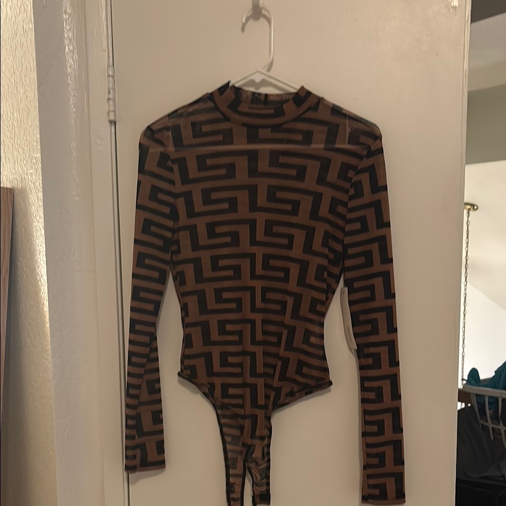 Geometric Patterned Brown and Black Women's bodysuit